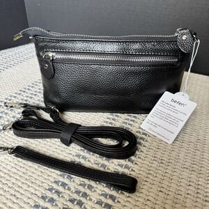 Befen Leather Crossbody Wristlet Clutch Purse Black Pebbled Leather NWT